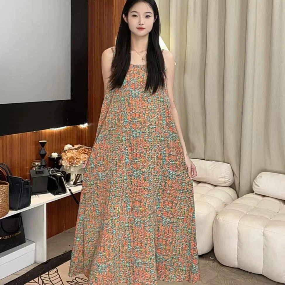 3214# 幻岩 显瘦夏季宽松减龄中长款无袖印花时尚气质细肩带