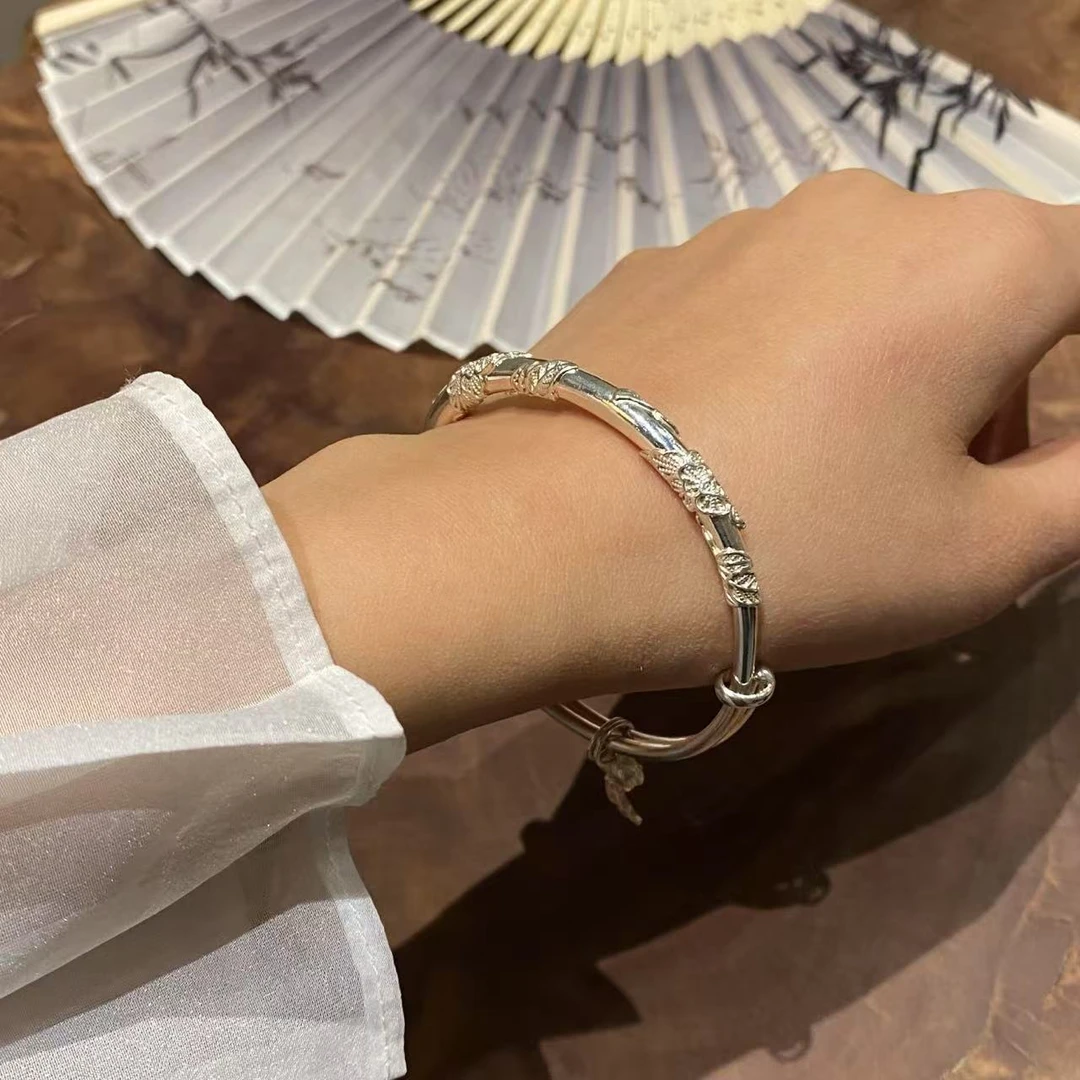 足银手镯 足银手镯 999.9金枝玉叶 繁花似锦中国风经典推拉手镯