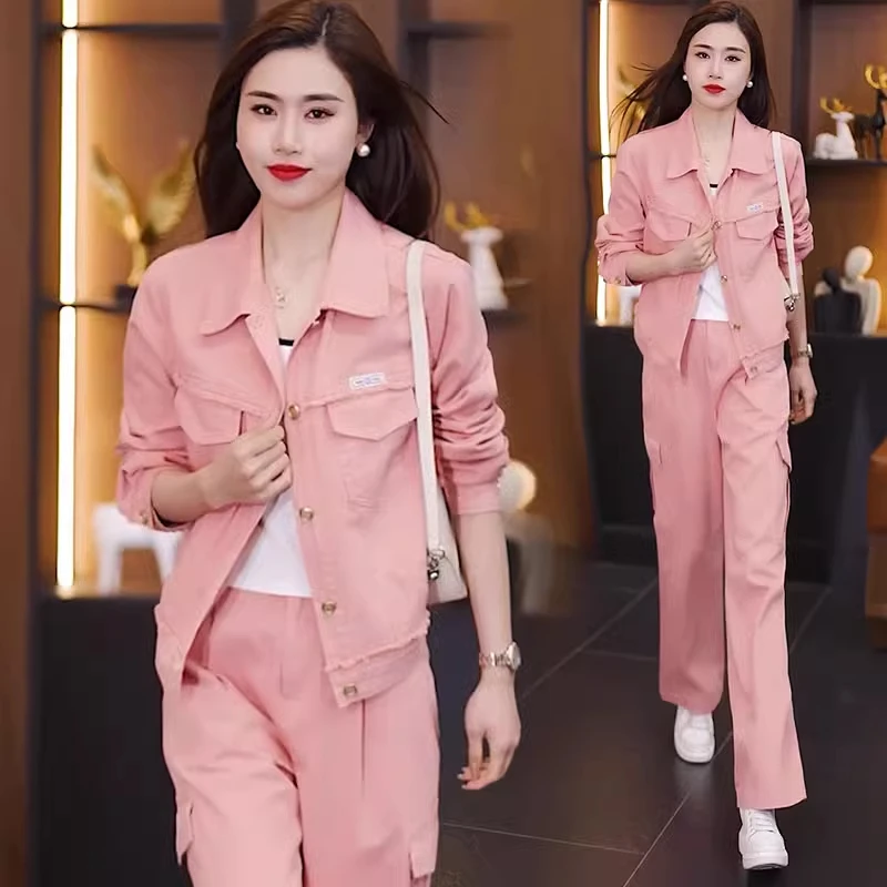 时尚牛仔套装女春秋新款洋气宽松显瘦休闲工装短外套阔腿裤两件套