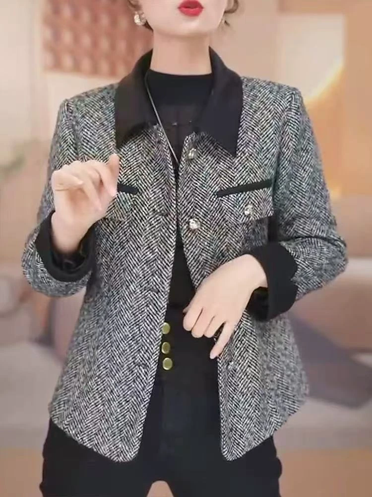 S41女休闲风短外套秋季小香风百搭修身长袖条纹格子休闲