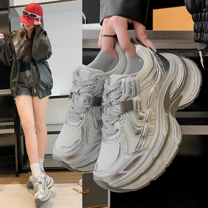 欧洲站秋季新款时尚双层厚底增高老爹鞋擦色复古做旧运动休闲鞋潮