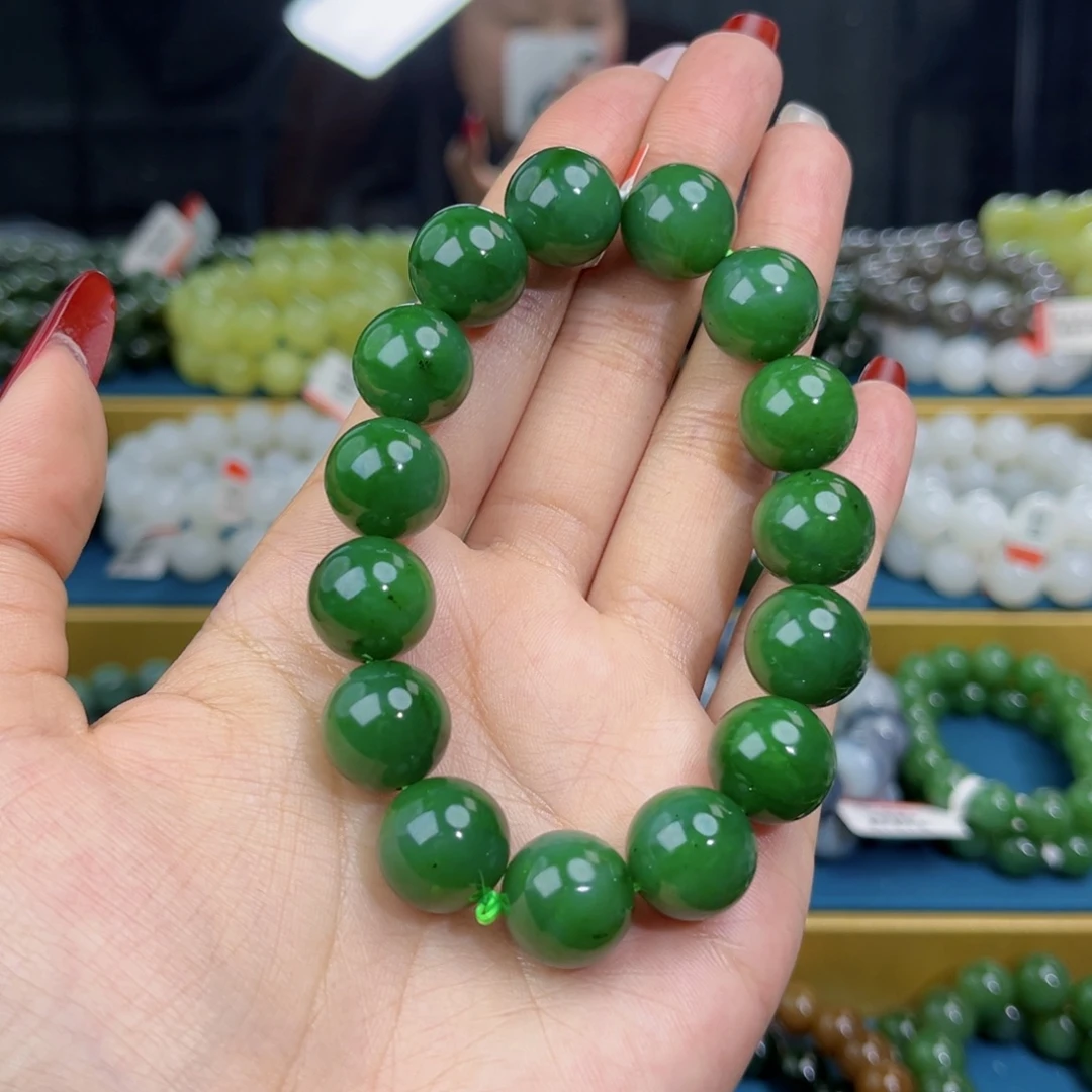 正***桑和田玉未镶嵌手链天然和田玉俄碧辣阳绿手串14