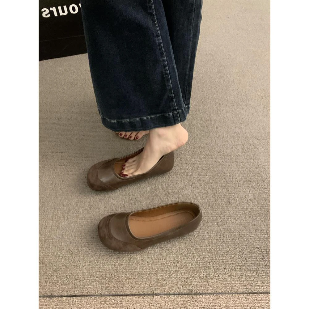 复古圆头浅口单鞋女春秋新款韩版法式晚风平底一脚蹬休闲豆豆鞋子