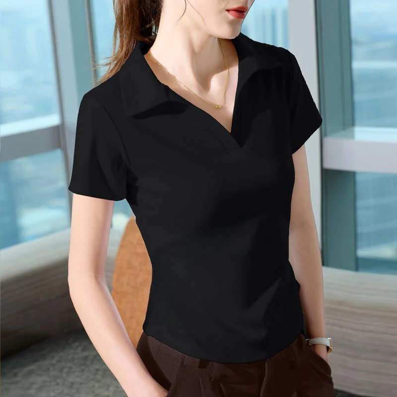 polo领螺纹短袖t恤女夏季2025新款设计感修身v领正肩黑色上衣潮