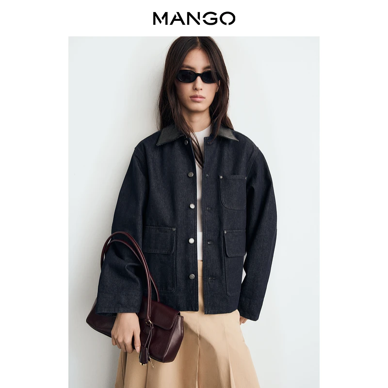 MANGO女装短外套2025秋装新款复古皮革领时髦宽松牛仔棉夹克
