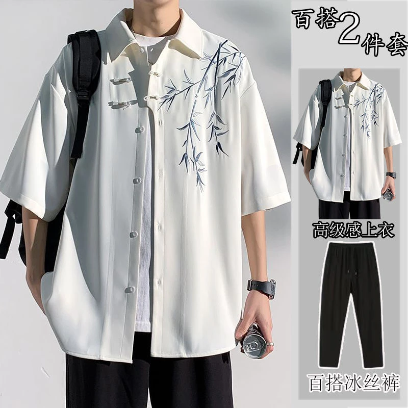 新中式短袖衬衫男夏季男装冰丝衬衣2025春色满园关不住