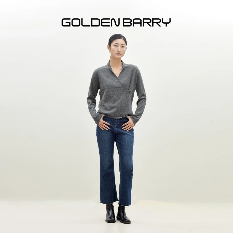 GOLDENBARRY|243093国风斜襟盘扣羊绒毛衣