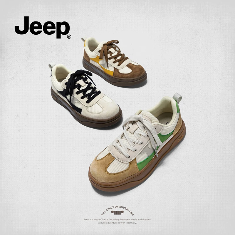 jeep秋冬女鞋2025新款厚底百搭休闲鞋拼色轻便跑步运动鞋软底板鞋