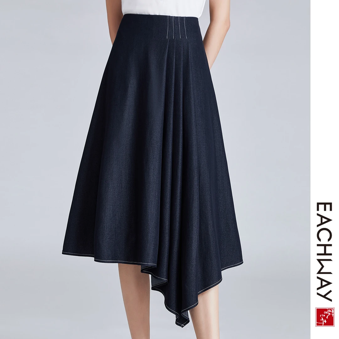 艺之卉【不规则仿牛仔裙】重工压褶牛仔半身裙夏季轻薄大摆飘逸伞裙