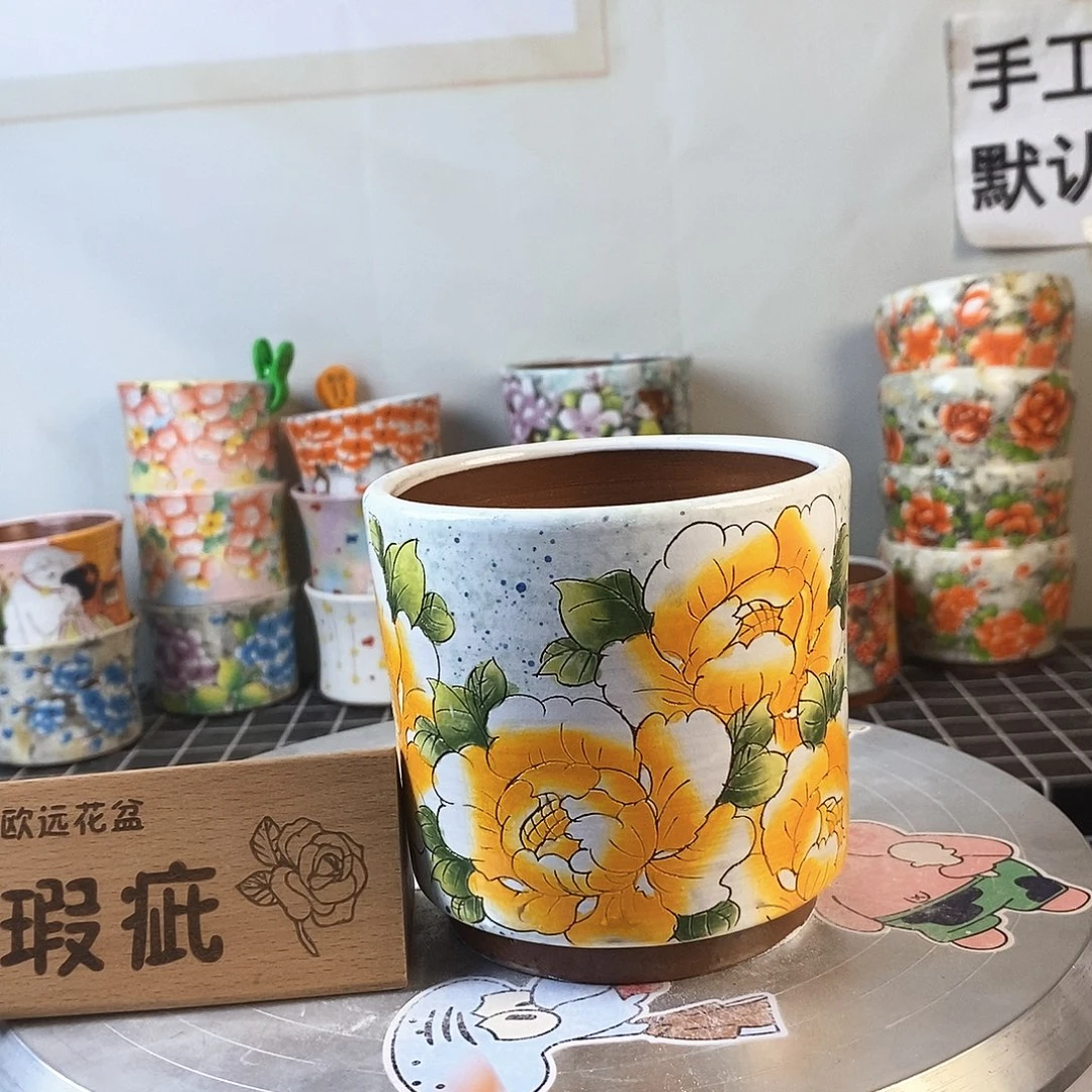 花盆紫砂红陶手绘花盆