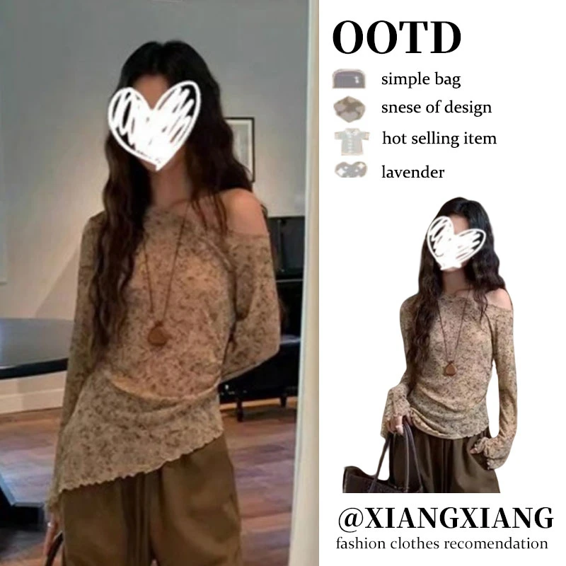 2025年秋季新款韩系辣妹穿搭不规则斜肩露肩长袖T恤修身显瘦上衣