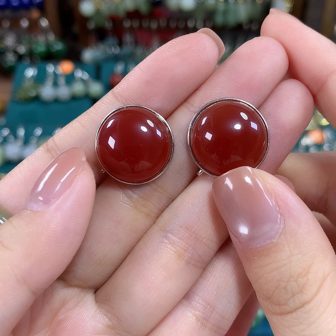 玛瑙/玉髓银S925镶嵌耳饰卡17.6左右