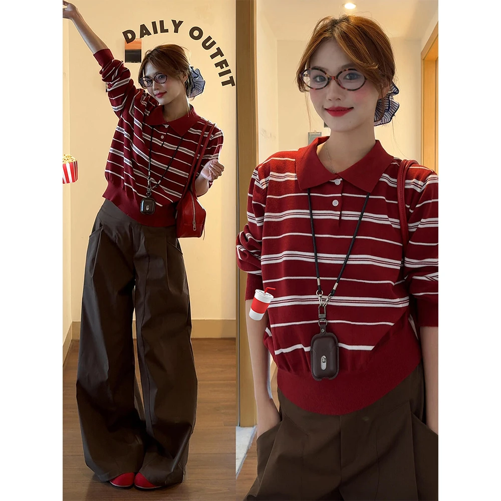 韩系复古撞色条纹polo领针织衫女早秋设计感百搭宽松显瘦长袖上衣