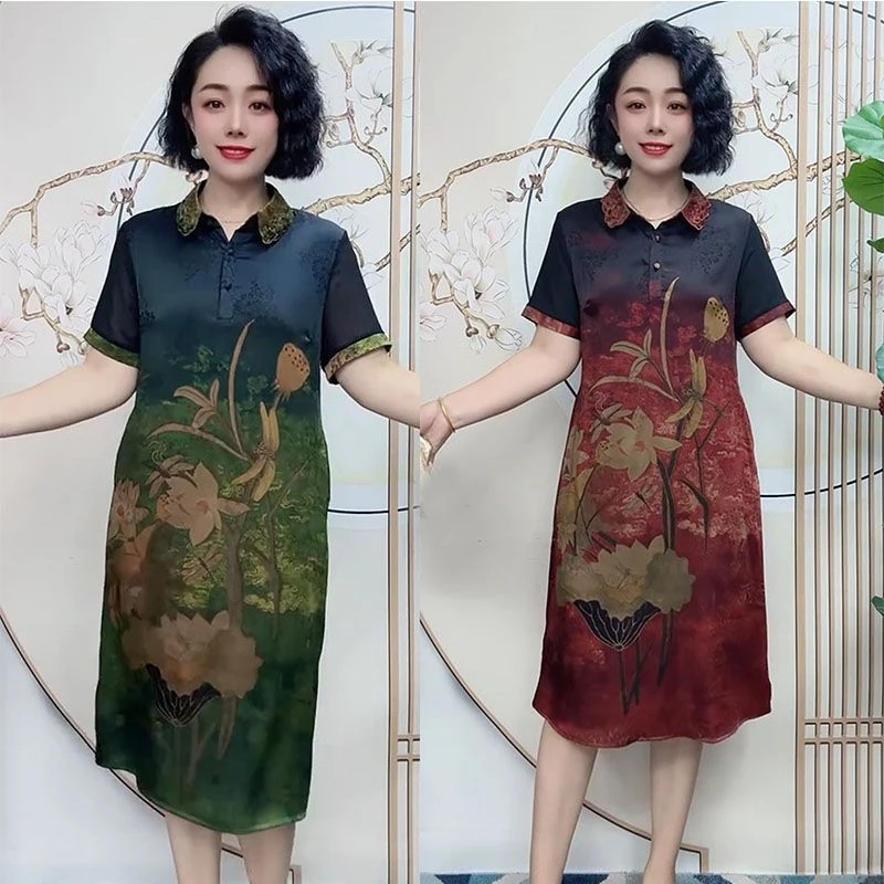 夏季中老年妈妈宽松遮肚显瘦大码绣花领气质过膝连衣裙