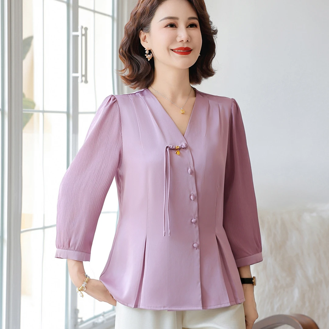 年轻妈妈装印花V领衬衫短袖女夏新款2025中老年气质紫色小衫上衣