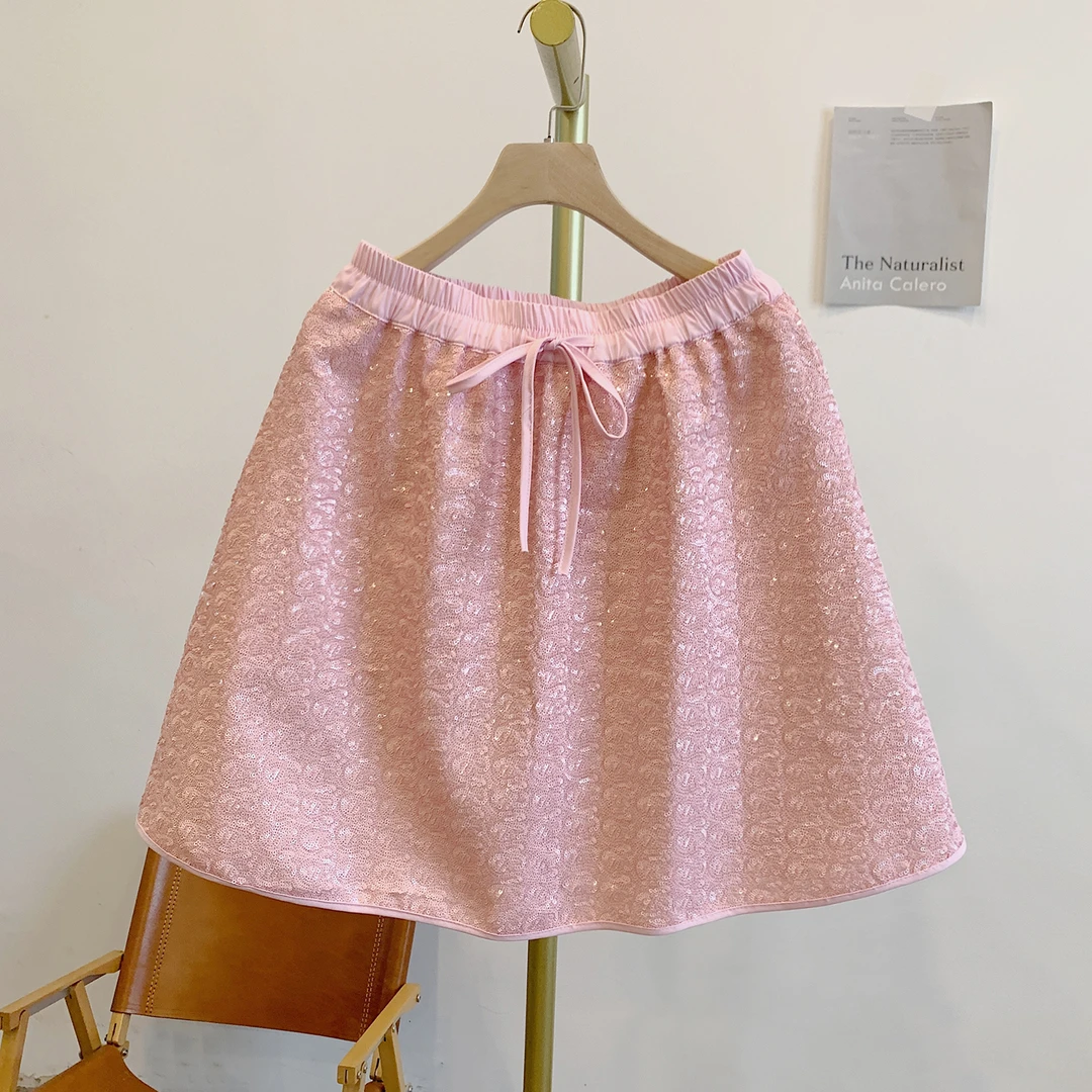 亮片半裙MNY2653亮片松紧腰系带宽松短裙