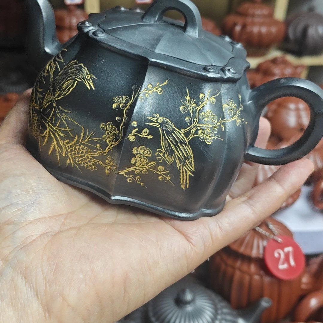 不***耳宜兴紫砂壶筋纹器半手工制作紫泥焐灰款容量二佰八十CC
