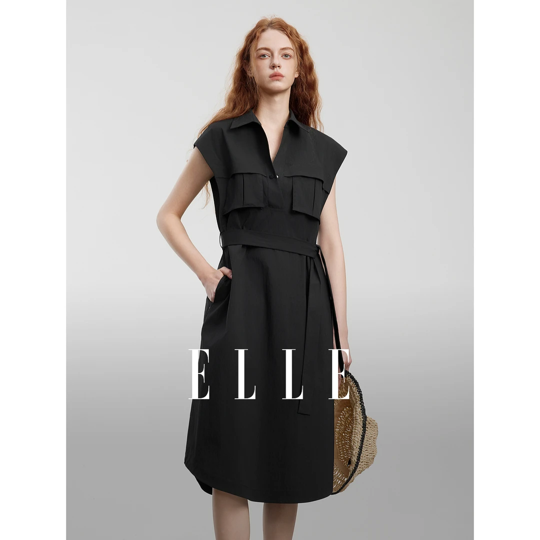 ELLE高级感无袖黑色连衣裙2025夏季新款小众女装系带长裙EL51312