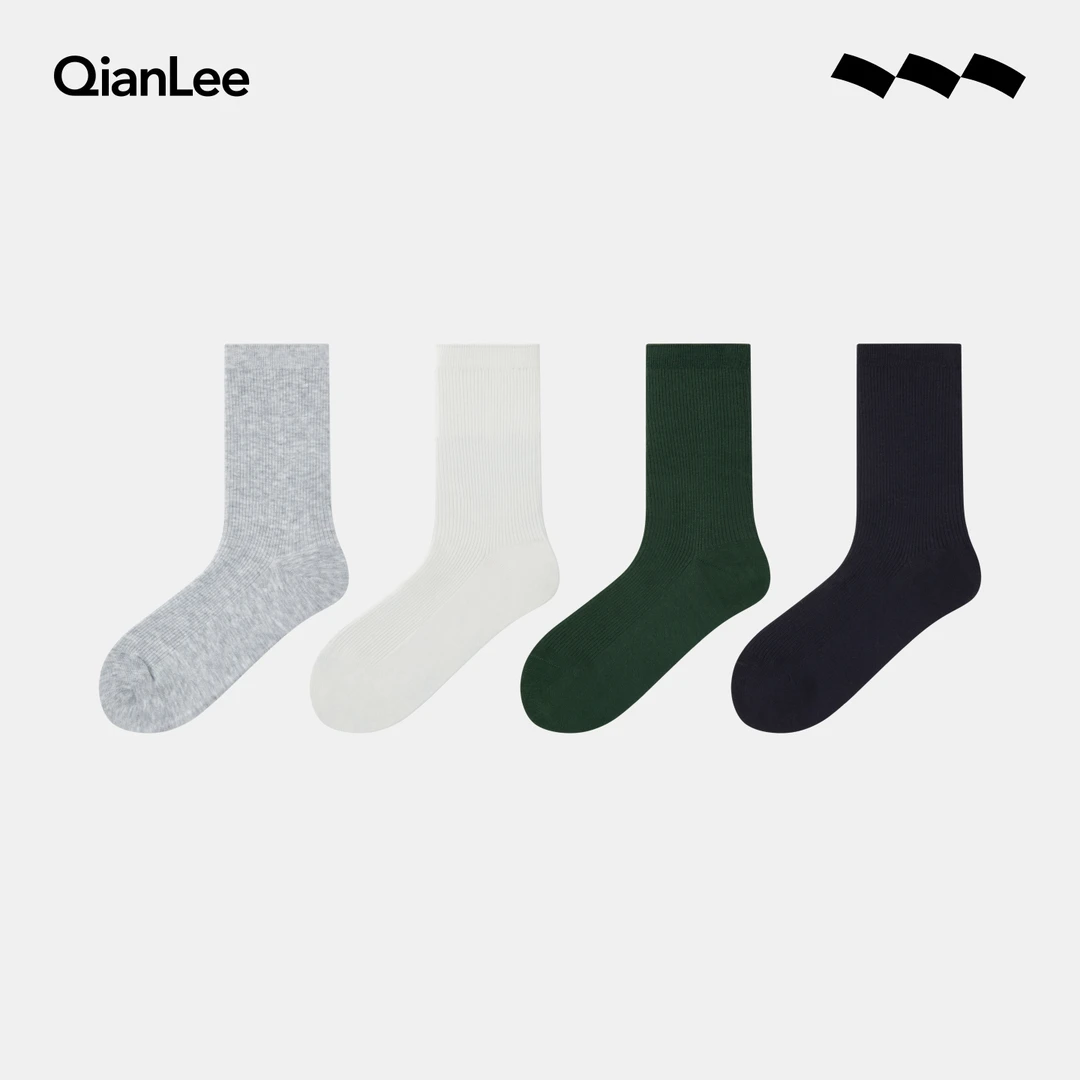 QIANLEE/浅力袜子女透气耐穿罗纹纯色百搭堆堆袜女士中筒袜夏薄款