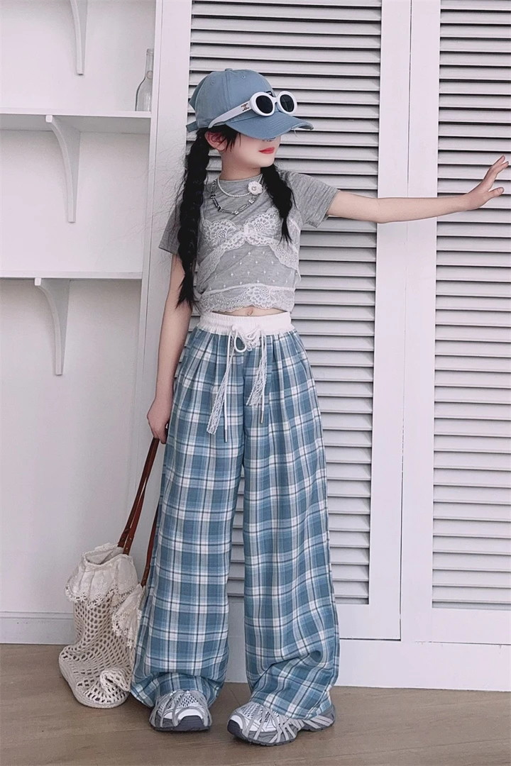 2025款3色TR格子阔腿裤夏季新款三色可选高腰直筒宽松垂感休闲裤