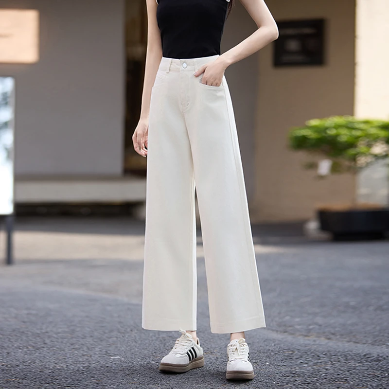 拉夏贝尔夏季百搭九分休闲裤2025高腰新款牛仔裤阔腿小个子直筒裤