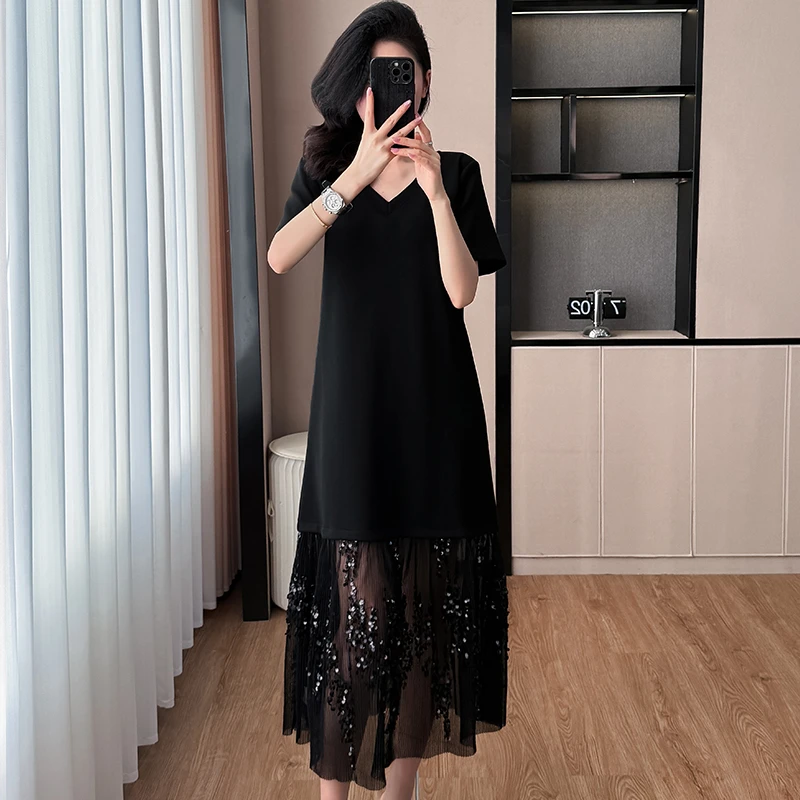 洋气休闲V领连衣裙亮闪闪网纱拼接宽松显瘦中长款大码T恤裙女夏