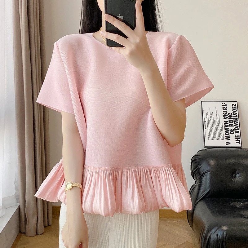 夏季新款宽松小众显瘦女装风褶皱薄短袖恤花边百搭时尚上衣薄款