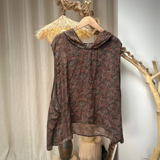 高定原创文艺复古不规则设计植物染苎麻花色个性宽松连帽上衣女夏