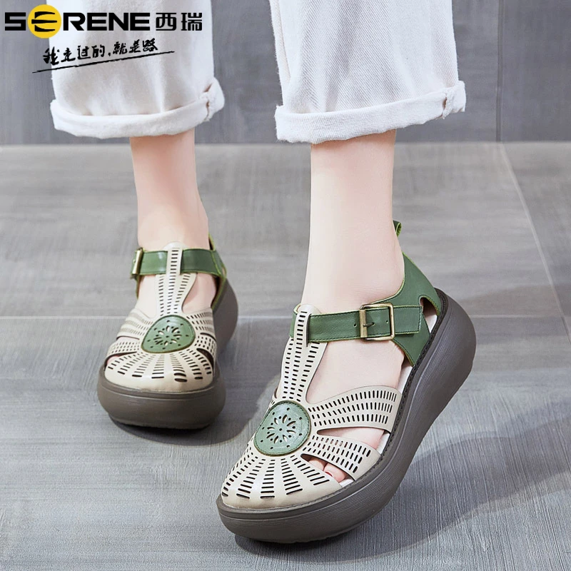 西瑞女鞋复古镂空厚底民族风时尚休闲百搭软底透气新款