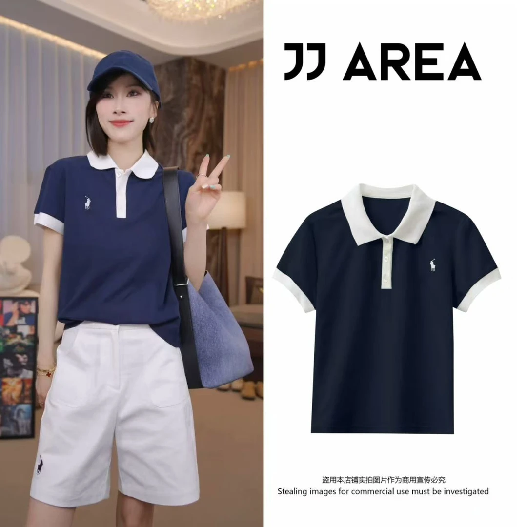 【JJ AREA】娇娇“撞色PL”100%棉！拼色翻领短袖设计感宽松显瘦T恤
