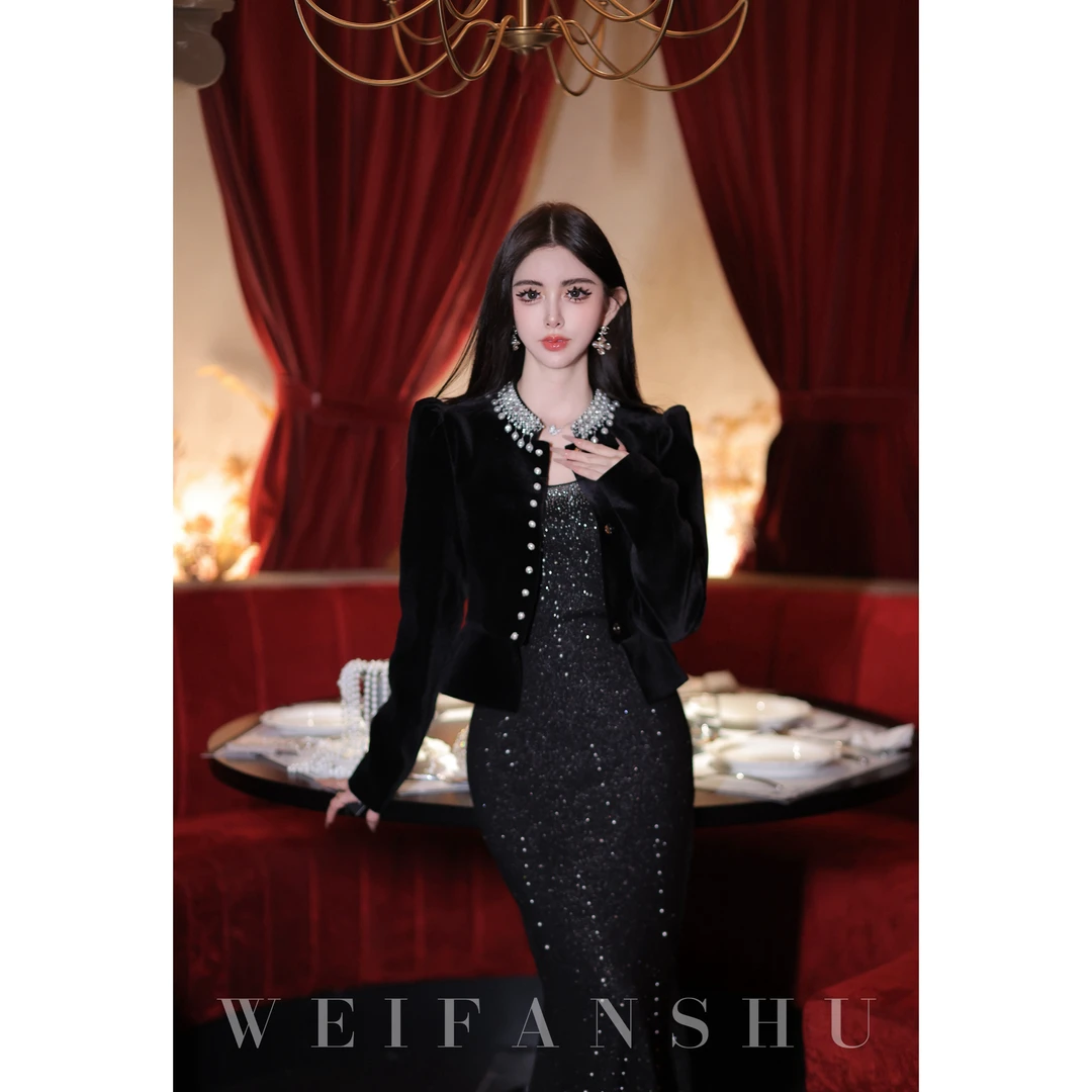 WEIFANSHU/魏凡舒【轻熟慢调】秋季百搭洋气设计感千金丝绒短款外套