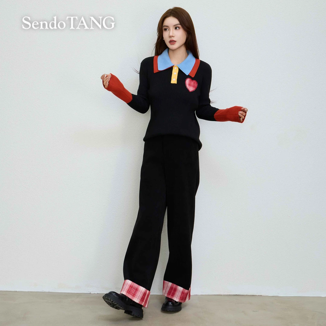 高分评论【特别】胖多女装新款时尚撞色百搭针织上衣裤子套装