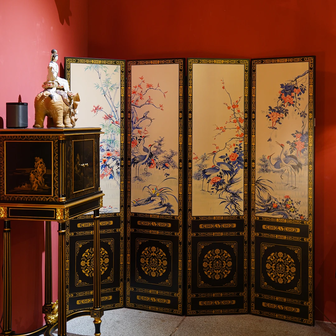 【本尼家】TS27新中式彩绘仙鹤主题实木屏风家用客厅玄关隔断折屏