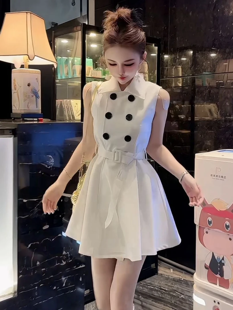 1099夏季新款法式气质收腰连衣裙polo领双排扣无袖衬衫短裙配腰带