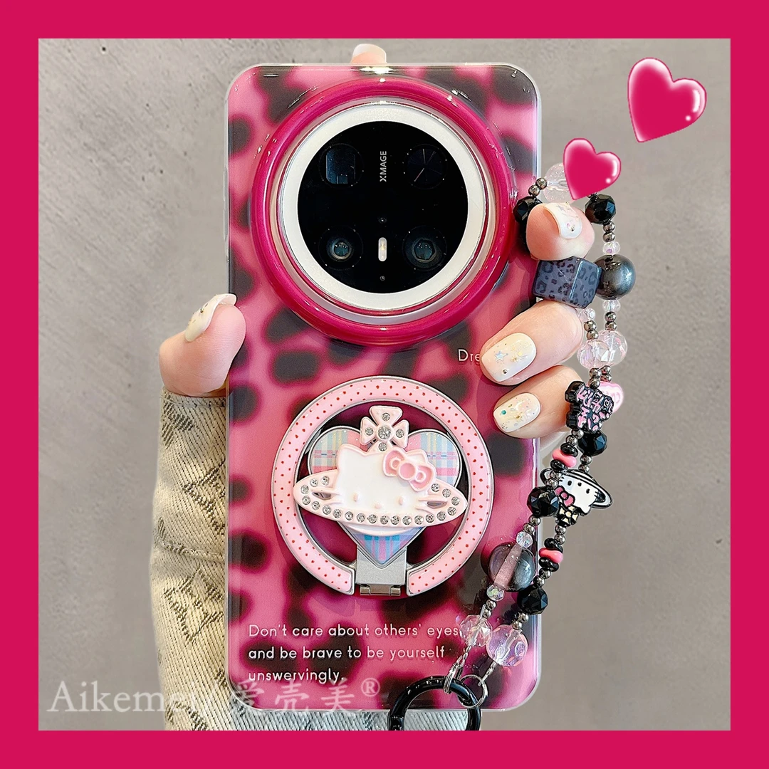 适用华为mate70pro+手机壳玫红色豹纹Mate60pro+水钻kt猫磁吸支架