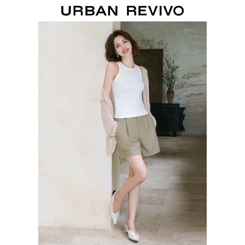 UR2025夏季新款女装休闲简约后松紧腰卷边短裤UYY650023