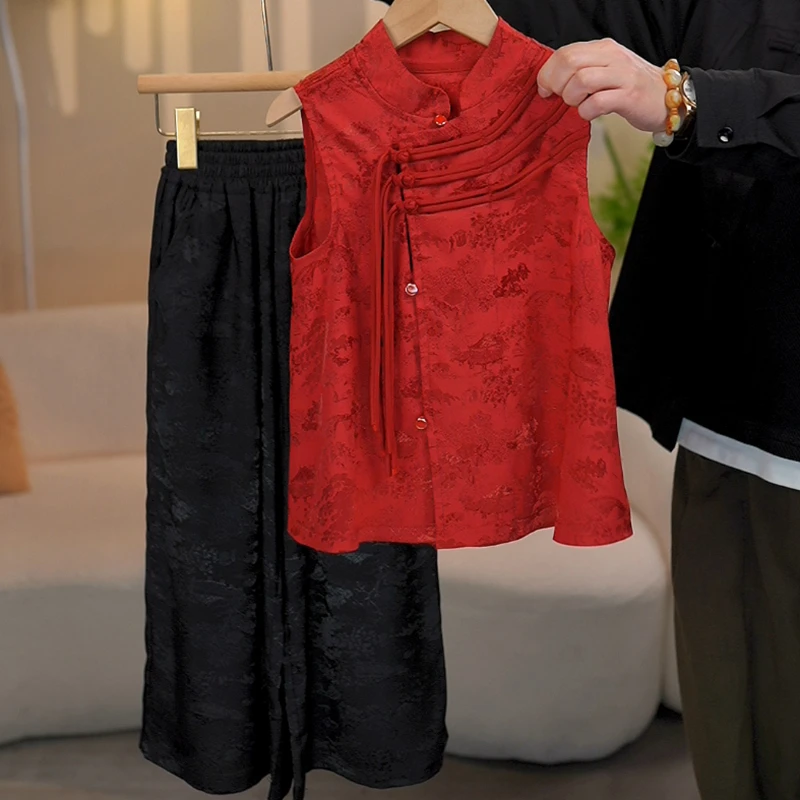 复古亲子国风夏款中式套装新款中国风国潮高货提花透气夏季民族风