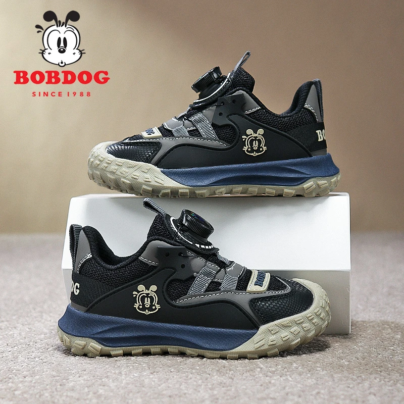 巴布豆男童运动鞋儿童春秋网面透气中大童男孩旋转纽扣防滑跑步鞋