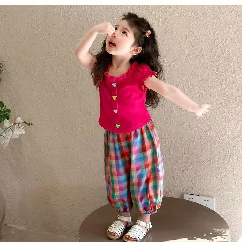 女童夏装2025新款洋气中小童宝宝套装儿童花边公主风时尚短袖套装