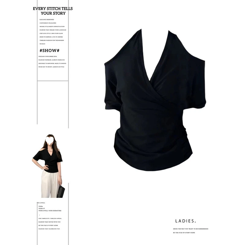 大码胖MM黑色挂脖露肩短袖t恤女2025夏季新款设计感修身别致上衣