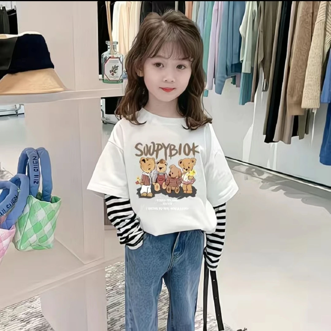 儿童秋款假两件长袖卡通印花百搭宝宝恤大童女印花打底衫秋季长袖