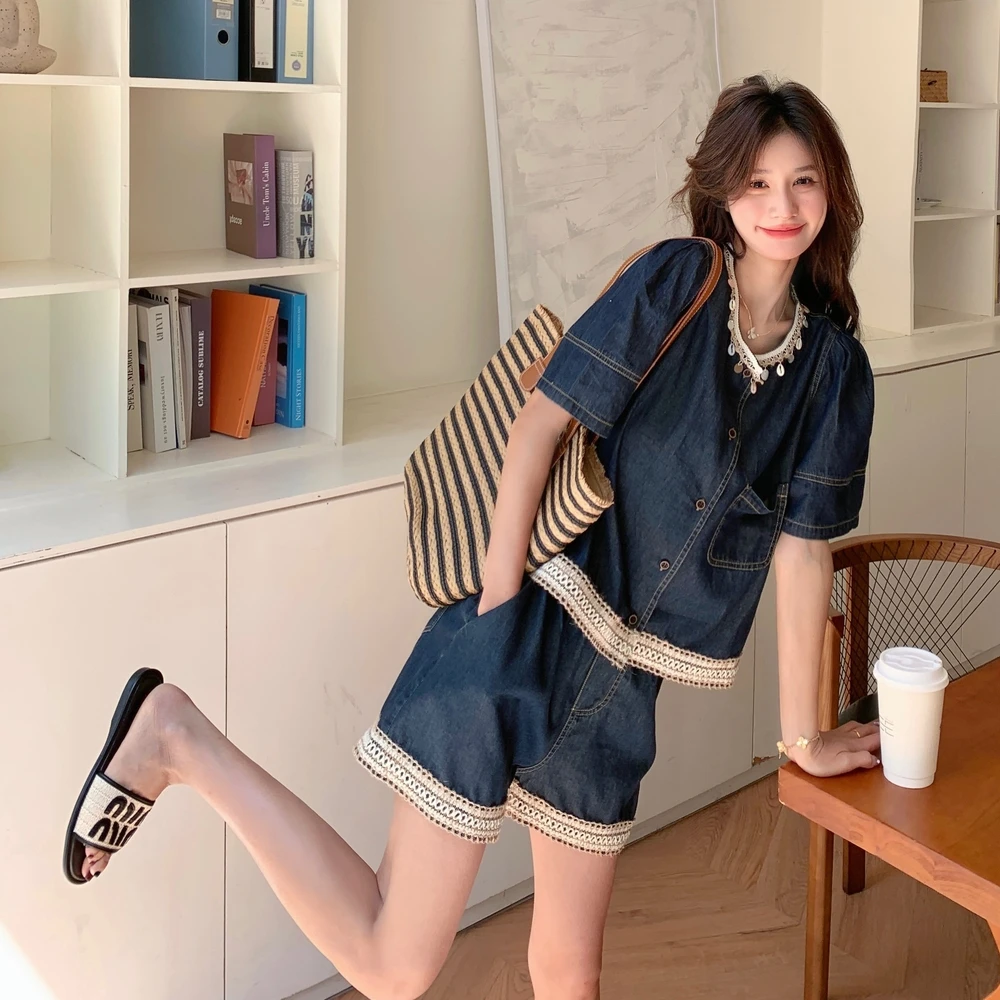 复古牛仔花边洋气两件套夏季女2025新款泡泡袖韩版小个子短裤套装