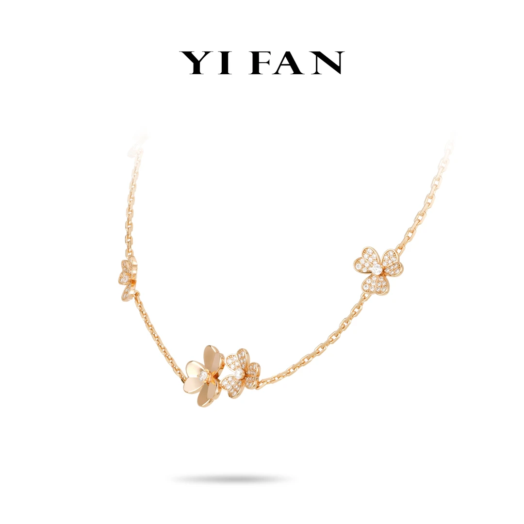 吊坠925银合成锆石 20674-玫金色三瓣花豪镶百搭项链