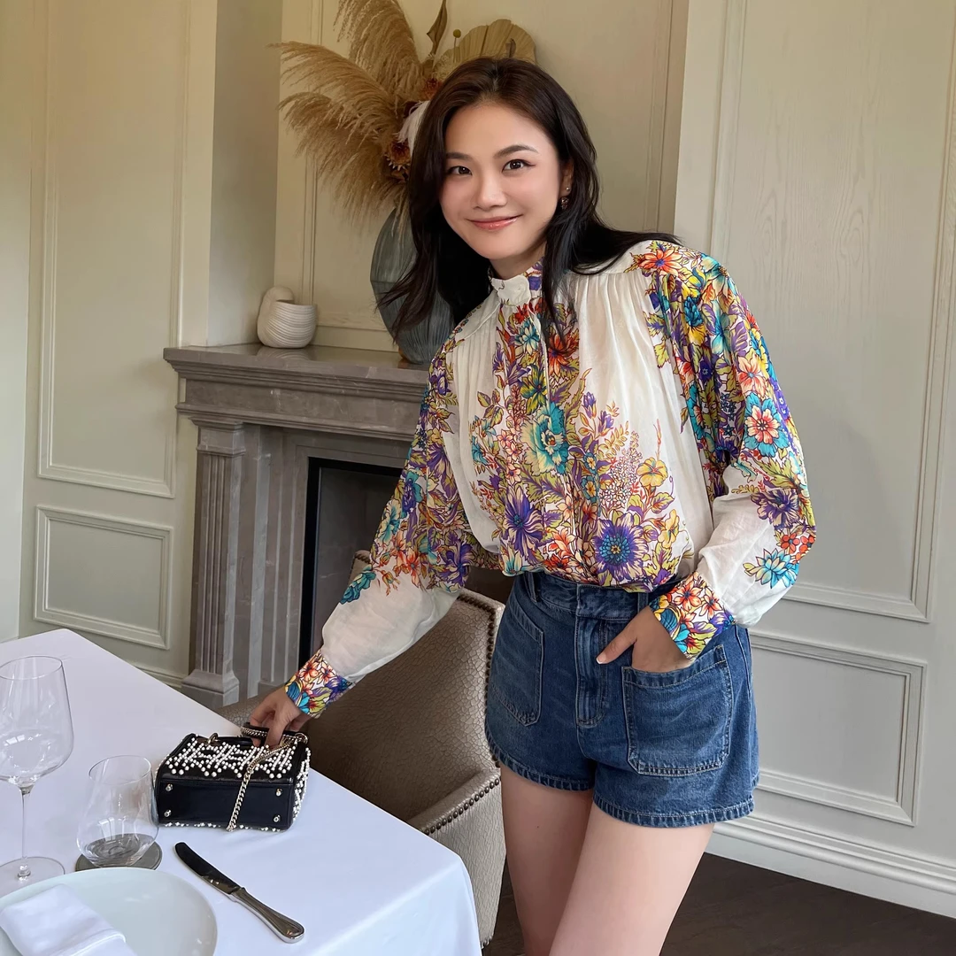 【琳媚】春夏新款中式褶皱廓形重工花朵印花长袖衬衫女