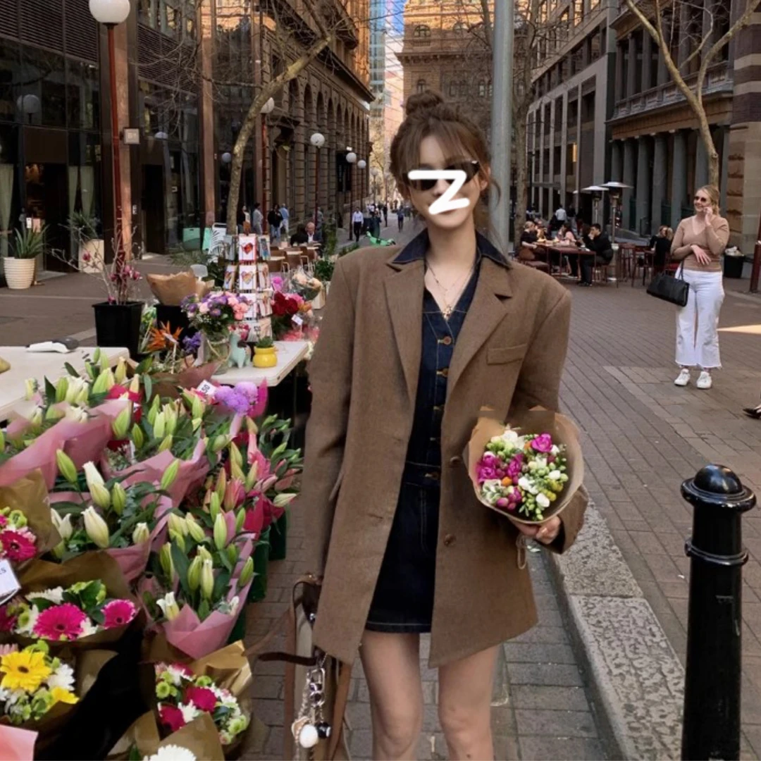 外套上衣女短款女设计感宽松oversize咖色休闲复古西装女kk-08665