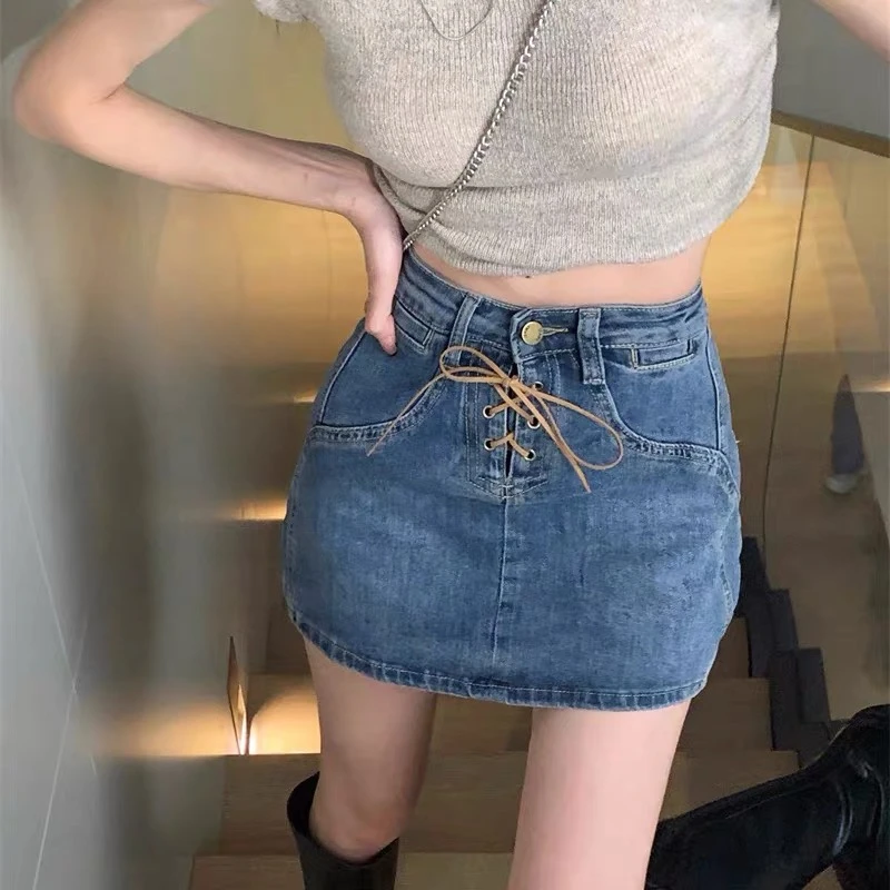 095夏季新款复古美式辣妹绑带高腰显瘦包臀牛仔半身裙