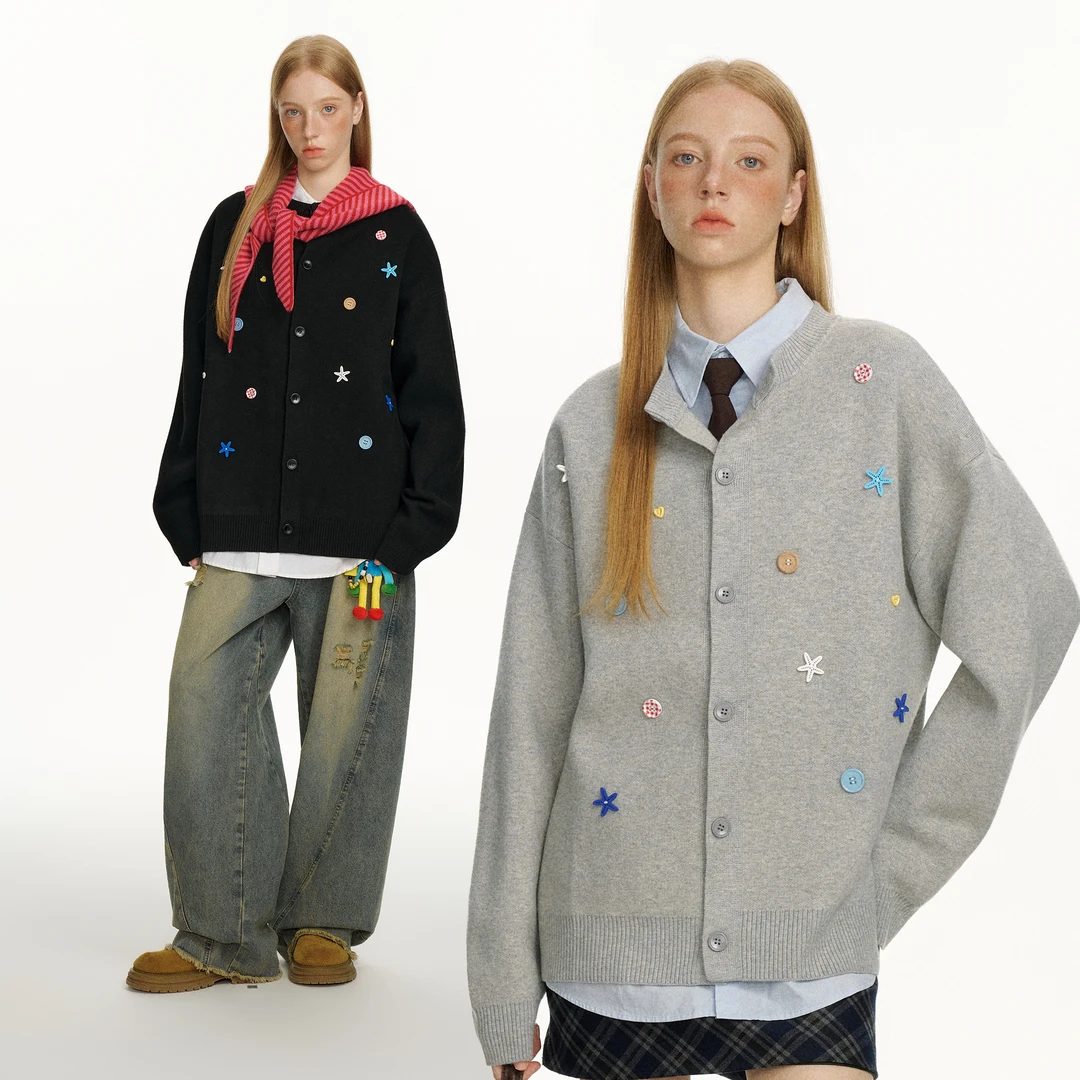 BEETLE TOWN趣味海星纽扣针织开衫女2025款秋冬休闲保暖毛衣外套