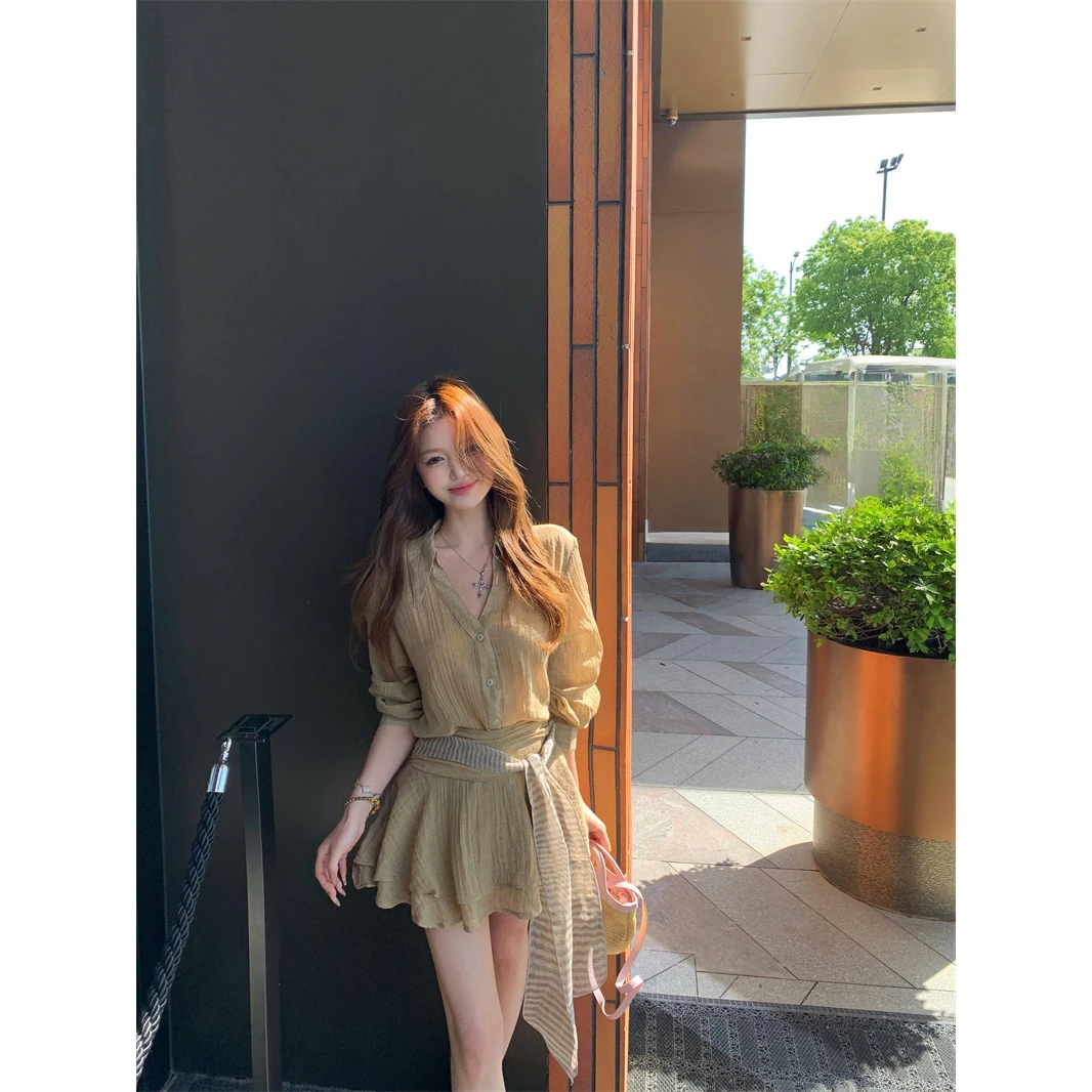 复古v领长袖防晒衬衫上衣女夏季套装高腰a字半身裙两件套