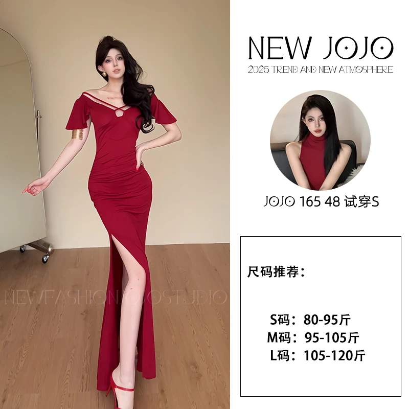 g2/M055 0620-1【JOJO】法式性感风连衣裙显瘦旗袍开叉纯色时尚长裙