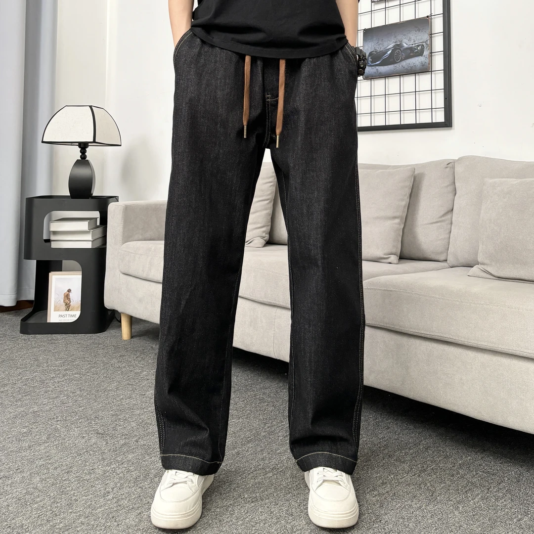 夏季宽松牛仔裤男弹力水洗耐磨直筒休闲裤简约百搭时尚复古